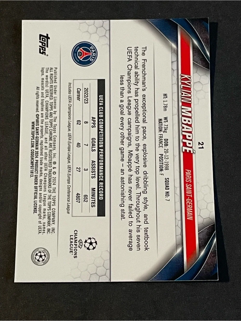 2023-24 Topps Chrome UEFA Club Competitions - Kylian Mbappe #21 - Picture 2 of 8